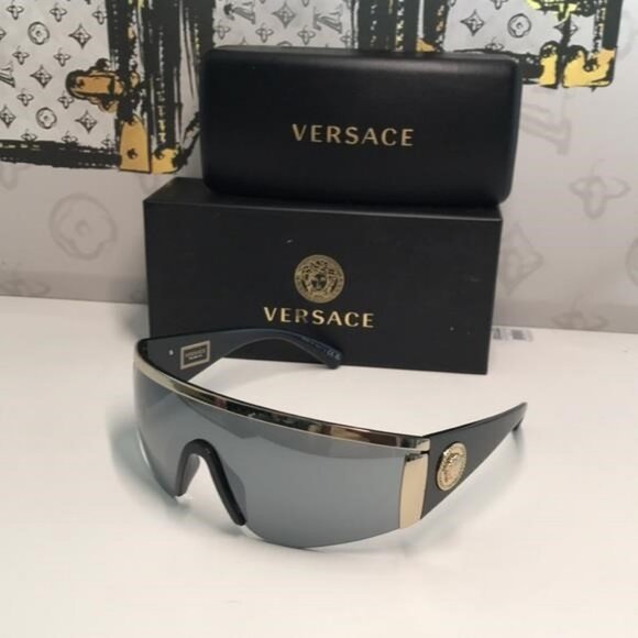 New Versace™ VE2197 Shield Sunglasses – Gold Frame / Grey Mirror Lenses - Picture 6 of 13